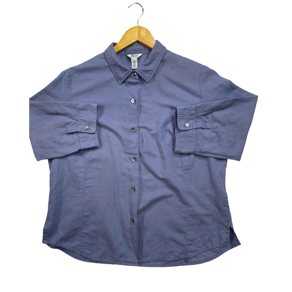 Bass Womens XL Blue Linen Cotton 3/4 Sleeve Button Down Shirt Embroidered Collar - Picture 5 of 10